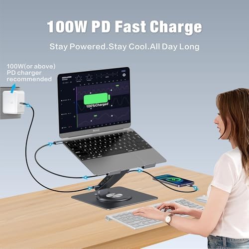 Adjustable Laptop Stand for Desk with Docking Station 11-in-1, Aluminum Laptop Riser with USB Hub 360°Swivel Dual Display 4K60Hz HDMI Gigabit Ethernet USB3.0 PD100W for MacBook Pro Air/Dell/HP 7-15.6" - Image 6