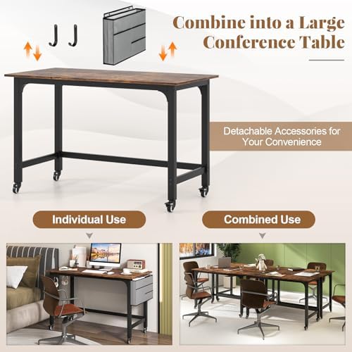 Giantex 8FT Conference Table, 4 PCS 48" Rectangular Mobile Meeting Room Desk with Removable Storage Bag & 2 Hanging Hooks, Rolling Modern Seminar Table for Office Conference Room, Rustic Brown - Image 6