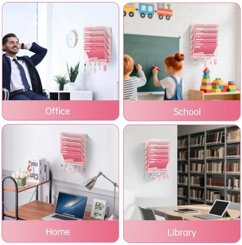 6 Tier Wall File Organizer - Hanging File Organizer with 5 Hooks, Mail Holder Wall Mounted for Papers, Folders, Magazines, Bills, Office&School Organization, Pink - Image 6