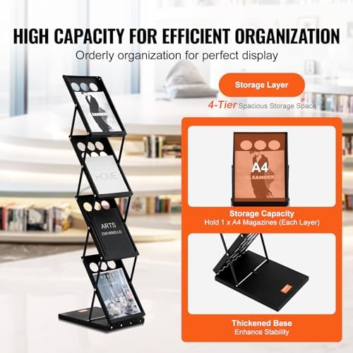 VEVOR Foldable Magazine Display Rack, 4-Tier Brochure Literature Display Stand, Portable Catalog Brochure Holder Stand with Carrying Bag for Office Trade Show Exhibitions, 4 Pockets - Image 3