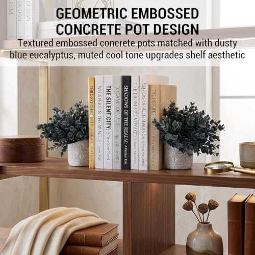 MyGift L-Shaped Decorative Bookends with Blue Artificial Eucalyptus in Modern Gray Geometric Concrete Pot – Pair for Shelf, Desk, or Nook Décor - Image 2
