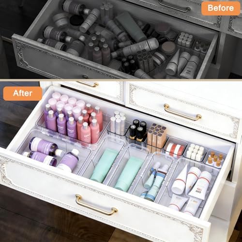 14 PCS Adjustable Clear Drawer Organizer Set - 3-Size Acrylic Storage Boxes for Makeup, Stationery, Kitchen Utensils, Tools & Bedroom Dresser Organization - Image 4