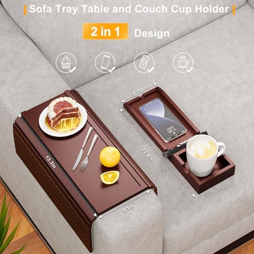 Bestjing Bamboo Couch Armrest Table with Cup Holder Tray (Walnut) - Image 3