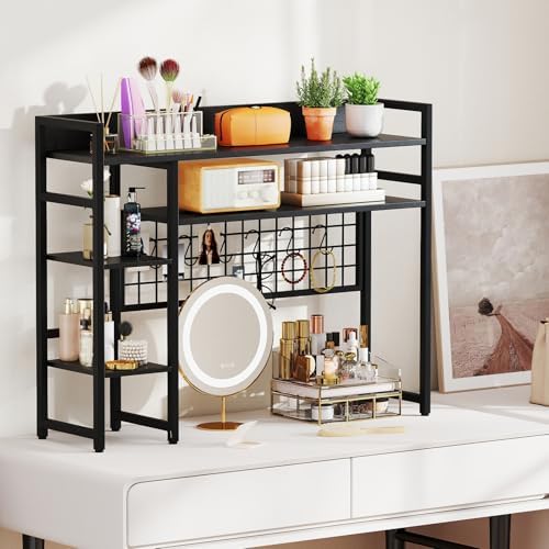 Tangkula Desktop Bookshelf for Computer Monitor Up to 32”, Countertop Storage Hutch with 4 Open Shelves, Grid Panel, 6 Hooks, Anti-tip Device, 4-Tier Desktop Shelves for Home Office Dorm, Black - Image 5