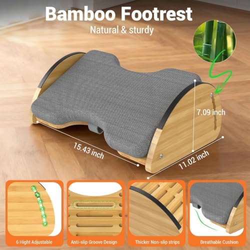 Bamboo Foot Rest for Under Desk at Work 3-in-1 Desk Footrest with Cushion - Image 2