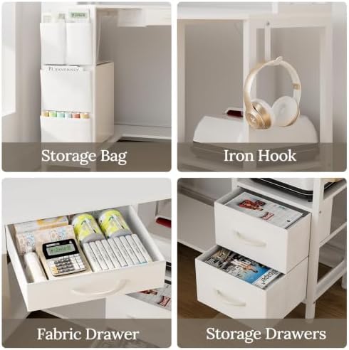 VENNQD Corner Desk with Drawers Shelves, Office Desk with Hutch, Triangle Corner Gaming Computer Desk with Storage Bag, Power Outlets and Hook for Home Office Workstation (White) - Image 4