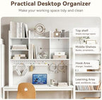 Dorm Desk Hutch with Pegboard, White Desktop Bookshelf - Image 6