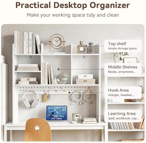 Dorm Desk Hutch with Pegboard, White Desktop Bookshelf - Image 6