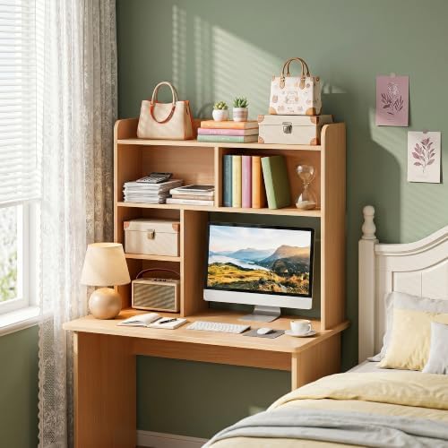 SUPER DEAL Desktop Bookshelf, Countertop Storage Hutch with 3 Shelves for Computer Desk, 2-Tier Display Rack, Multipurpose Wood Desk Hutch Storage Organizer for Home Office Dorm, Natural - Image 2