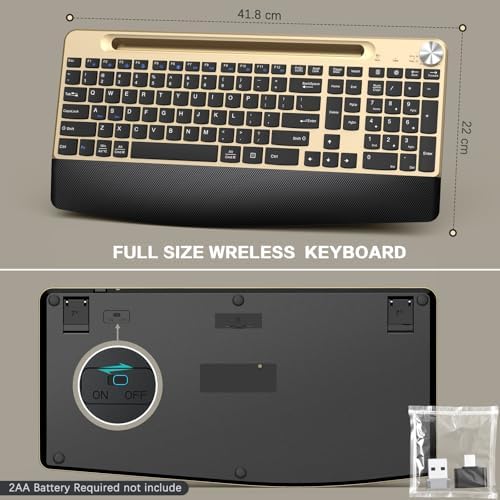 GAMCATZ Ergonomic Wireless Keyboard and Mouse with Wrist Rest，Phone Holder - 2.4GHz Full-Sized Low-Profile Quiet Gold Wireless Mouse and Keyboard Combo for Computer, Laptop, PC, Mac-Gold - Image 3