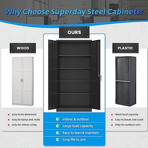 Superday 72" Lockable Steel Storage Cabinet, Locking Metal Storage Cabinets, Tall Black Cabinet with 2 Doors and 4 Adjustable Shelves for Garage, Home Office, Classroom, Pantry, File, Easy Assemble - Image 4