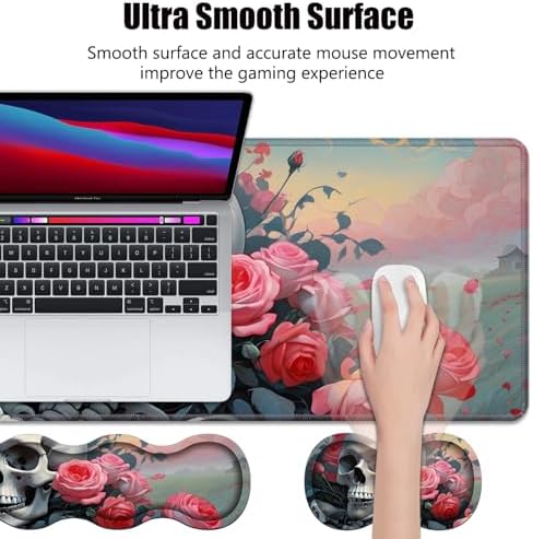 4 in 1 Ergonomic Memory Foam Mouse Pad Wrist Rest Set, Large XXL Gaming Desk Pad + Keyboard Wrist Rest + Mouse Wrist Cushion + Coaster for Home Office Study Gaming, Skull Roses - Image 3