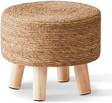 Cpintltr Foot Stool Natural Seagrass Hand Weave Poufs Round Ottoman for Couch Desk Soft Step Stool Padded Foot Rest with Non-Skid Pine Legs for Hallway Office Lounge Natural - Image 4