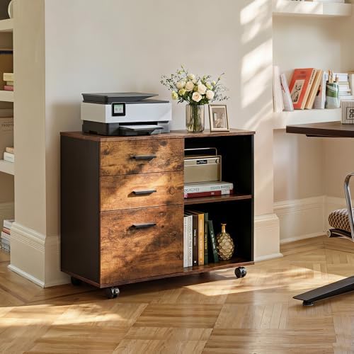 DEVAISE 3 Drawer Wood File Cabinet, Rolling Filing Cabinet with Open Storage Shelf, Printer Stand for Home Office Storage and Organization, Fits Letter/A4 Files (Rustic Brown, Wood) - Image 2