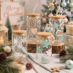 12 Sets Christmas Glass Cups Gifts 16 oz Cute Christmas Tree Glass Cups Gingerbread House Tumbler Snowflake Iced Coffee Cup with Lids and Straws for Women Coworkers Birthday Xmas Party Favors - Image 5