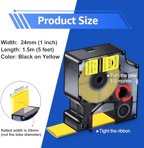 NineLeaf 5 Pack Compatible Labels Tape Replacement for Dymo 1805444 1 inch Black on Yellow Heat Shrink Tube Labels 24mm x 1.5m for Wires and Cables Use in Rhino 6000 6500 Label Maker - Image 2