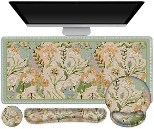 AIMSA Mouse Pad Set Large Desk Mat, Ergonomic Mouse Pad with Wrist Rest, Gaming Mouse Pad Wrist Support Keyboard Mat Combo Office Desk Decor Accessories, Abstract Flower Plants by AIMSA
