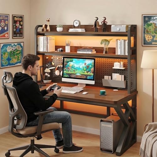 Gaming Desk with Hutch and Pegboard, RGB LED Lights & Charging Station - Image 3