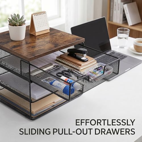 4-Tier Mesh Desk Organizer and Accessories with Drawer Wooden Top Desktop Organizers Letter Tray Paper Organizer File Holder for Home Office School Black - Image 2