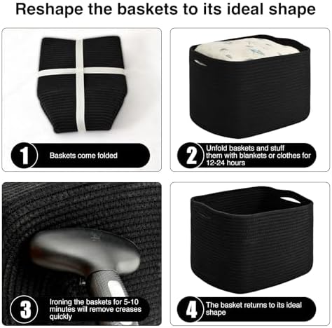 ICERZCZ Storage Baskets for Organizing & Shelves, Woven Cotton Rope Organization Bins for Dog Toys, Clothes, Books, Nursery Organizer, 15"Lx11''Wx9.5''H, (4 Packs) Black - Image 7