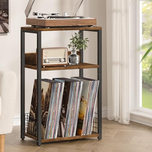 LELELINKY Large Brown Record Player Stand, 3 Tier 18" Wide Big End Table with Vinyl Storage Up to 130 Albums, Industrial Turntable Printer Tables, Modern Side Tables for Living Room, Bedroom, Office - Image 2