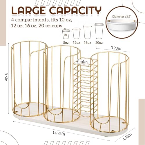 Geelin 18oz Adjustable Coffee Cup Dispenser with Wooden Base, Cup and Lid Holder, Cups Holder Organizer for Coffee Pod Straw and Lid Storage(4-compartment Single,Color 4) - Image 2