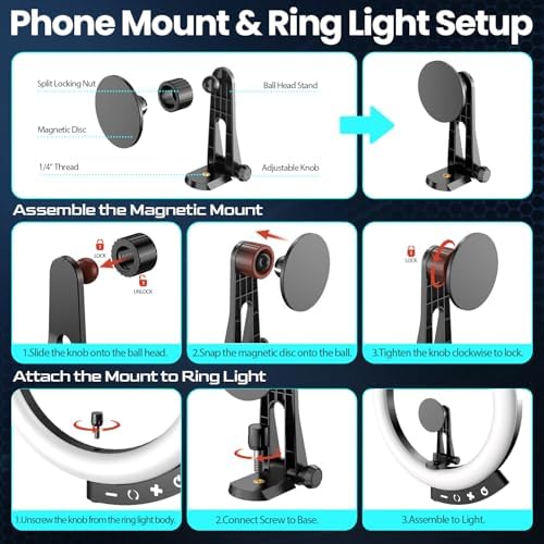 UBeesize 12'' LED Ring Light with 62'' Tripod Stand and Magnetic Phone Holder, Selfie Ring Light for Video Recording, Live Streaming, Compatible with iPhone & Android (Black) - Image 3