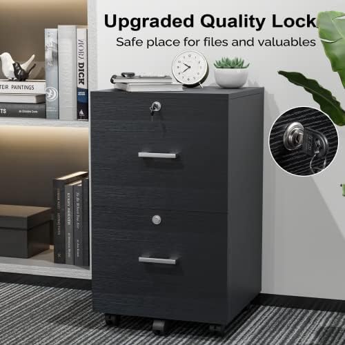 VINGLI 2-Drawer File Cabinet with Lock, Small Rolling Wood Filing Cabinet for Hanging Letter Size Filings with Tabs, Mobile Under Desk File Organizer for Home Office, Classic Black, 27.2" H - Image 5
