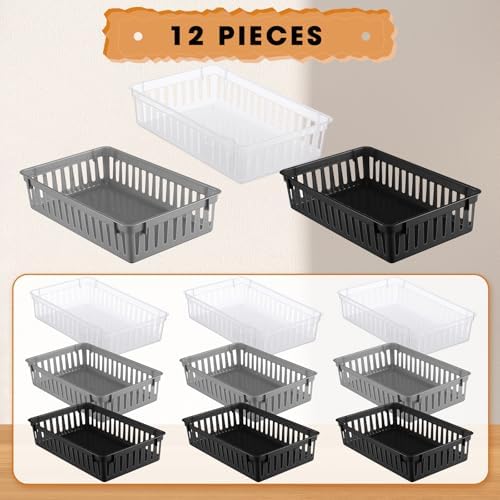 Wenqik Set of 12 Small Plastic Baskets for Organizing, Black,Gray,Clear - Image 2