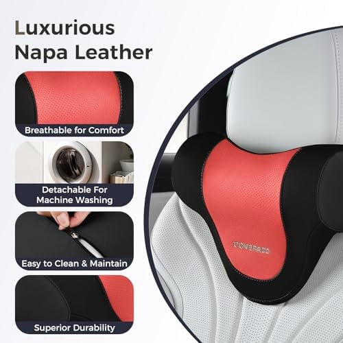Coverado Car Headrest Pillow, Ergonomic Memory Foam Car Neck Pillow for Driving Seat with Adjustable Strap, Soft PU Leather Breathable Removable Cover Neck Support for Neck Pain Relief, BlackRed - Image 5
