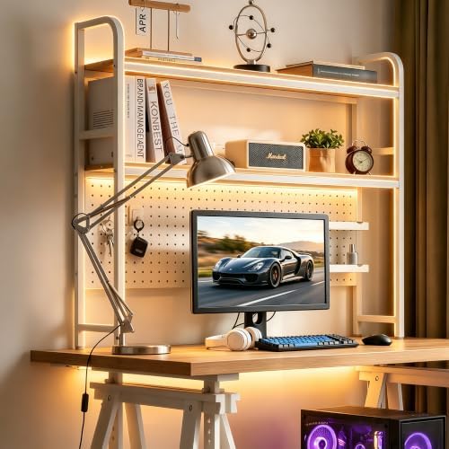 deli Desktop Shelf, Desk Hutch with Metal Pegboard, White - Image 2