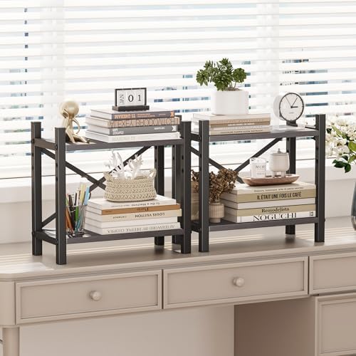 Desktop Bookshelf, 4-Tier Stackable Narrow Bookcase, Adjustable Industrial Desk Organizer & Hutch - Rustic Brown Wood Desktop Book Organizer for Living Room, Bedroom & Home Office - Image 4