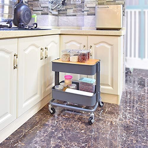 Melody House 2-Tier Metal Utility Rolling Cart Storage Side End Table with Cover Board for Office Home Kitchen Organization, Dark Gray - Image 4