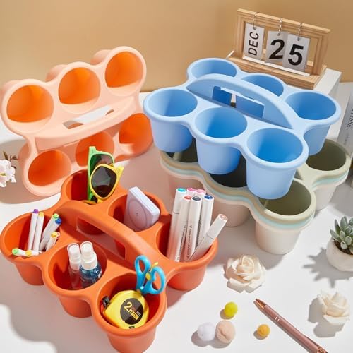 party greeting 6 Pack Classroom Caddy with Handle Plastic Storage Table Caddy Organizer with 6 Compartments Morandi Cup Caddy Organizer for Table Crayon Pencil Office School Supply - Image 4