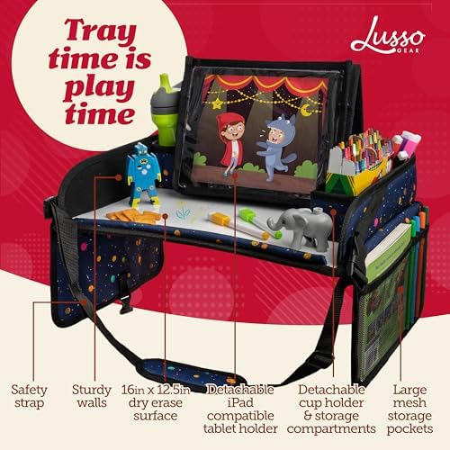 Lusso Gear Car Seat Activity Tray - Dry-Erase Top & Toddler Travel Essential - Mesh Pockets & Car Back Seat Organizer - Cup Holder & Road Trip Essentials for Kids - 600D Oxford Material - Image 3
