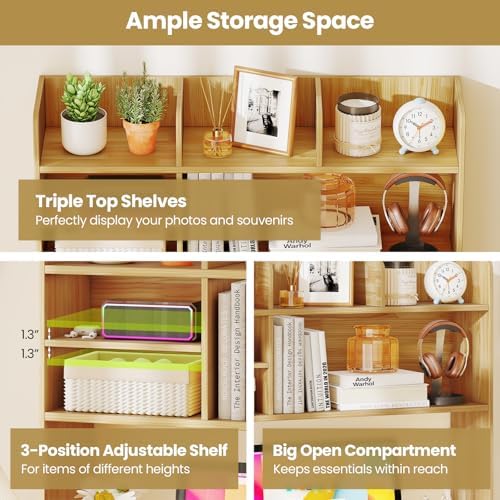 Tangkula Desktop Bookshelf for Computer Up to 32”, 37” Countertop Storage Hutch with 6 Storage Shelves, 3-Tier Desktop Organizer Display Rack, Wooden Desk Hutch for Dorm Home Office (Burlywood) - Image 6