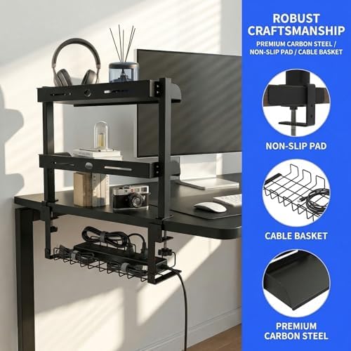 Clamp On Desk Shelf, 17'' 2-Tier Desktop Organizer Shelf with Under-Desk Hidden Storage Basket, Heavy-Duty Desk Shelves for Top of Desk, Space-Saving Desk Storage for Home Office Gaming Setup (Black) - Image 4