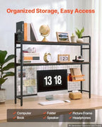 VEVOR 45.3"W Desk Shelf with Grid Panel, Desktop Bookshelf Storage Hutch for Computer Monitor, Metal Frame and Wooden Shelf, 2-Tier Countertop Display Rack, Desk Organizer Hutch for Dorm, Home, Office - Image 4