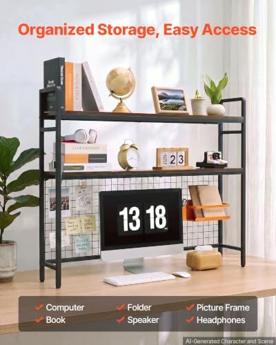VEVOR 45.3"W Desk Shelf with Grid Panel, Desktop Bookshelf Storage Hutch for Computer Monitor, Metal Frame and Wooden Shelf, 2-Tier Countertop Display Rack, Desk Organizer Hutch for Dorm, Home, Office - Image 4