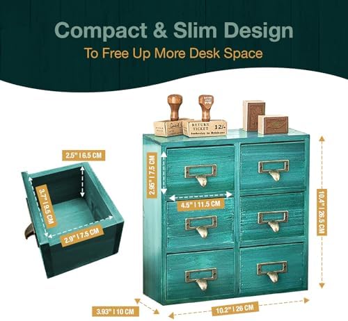 Vintage Card Catalog Drawers for Desktop - 6-Drawer Mini Wood Cabinet - Teal Turquoise Organizer, Fully Assembled - Image 2