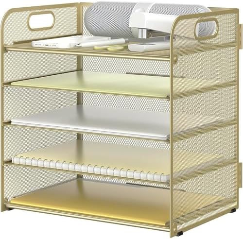 Sinboun Letter Tray Paper Organizer 5-Tier Desk Organizer File Organizer Paper Holder with Handle, Metal Desktop Document Shelf Tray Office Classroom Organization - Gold by Sinboun