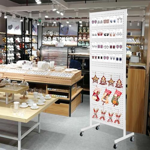 Eastern Tree Metal Pegboard Display Stand 2'x 5' with 30 Hooks, Pegboard Panels Display with Wheels, Peg Board Display Rack, Standing Pegboard Display- White - Image 4