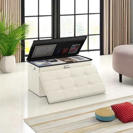 DocSafe Storage Ottoman Bench with Lock,Fireproof 30 Inches Folding Bench Foot Rest Stool Storage Chest Safe for Living Room,Bedroom,Home Office,Waterproof Leather Ottoman with Handles,Beige - Image 6