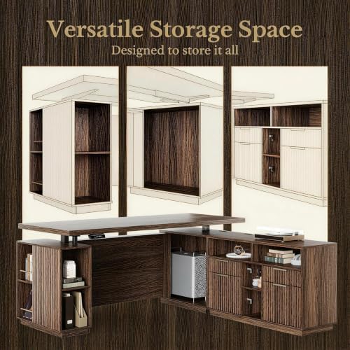 70 Inches L Shaped Executive Standing Desk, Electric Height Adjustable Desk with File Cabinet, Computer Corner Table with AC/USB and Privacy Panel for Home and Office, Black Walnut - Image 4