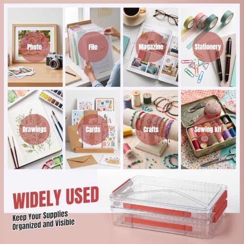 Clear Document Box, A4 Paper Storage Organizer with Snap Latches, Stackable File Case for Certificates Photos Letter Size, 14.37" x 9.44" x 1.37" & 14.37" x 9.44" x 2.75", Red - Image 4