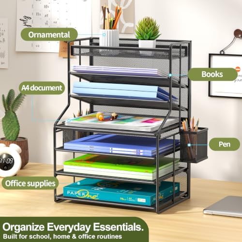 7 Tier Desk File Organizer, Black Metal Letter Tray Paper Organizer with Pull-Out Drawer, Removable Pen Holder & Hanging Basket, Vertical Desktop File Holder for Home Office, Classroom - Image 2
