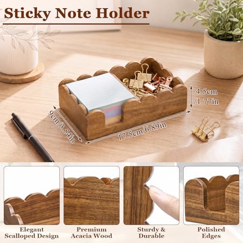 Threehoney Scalloped Acacia Wood Sticky Note Holder, 3x3 Wooden Sticky Notes Organizer for Note Pads, Paper Clip Storage, Decorative Post & Memo Pads Holder for Office, Home, Teacher Gift - Image 2