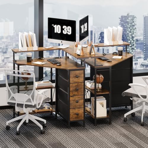VENNQD Corner Desk with Drawers Shelves for Small Space 90 Degrees Triangle Computer Desk with Power Outlets,Gaming Desk with LED Lights Monitor Stand for Home Office Workstation Writing Table (Brown) - Image 2