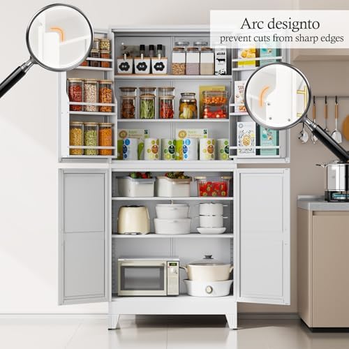 White Kitchen Pantry Storage Cabinet, 75" Metal Storage Cabinet - Image 3