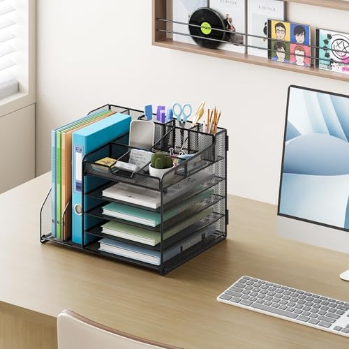 Lavatino Desk Organizer, 5-Tier Metal Mesh Paper Letter Tray with 2 File Holders & 7 Flexible Dividers for Office or Home Desk Organizers and Accessories, Keep Workspace Supplies Neat, Black - Image 4